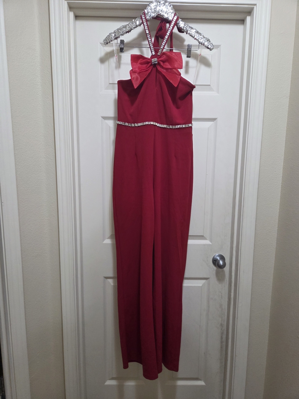 Red Halter Bow Evening Jumpsuit